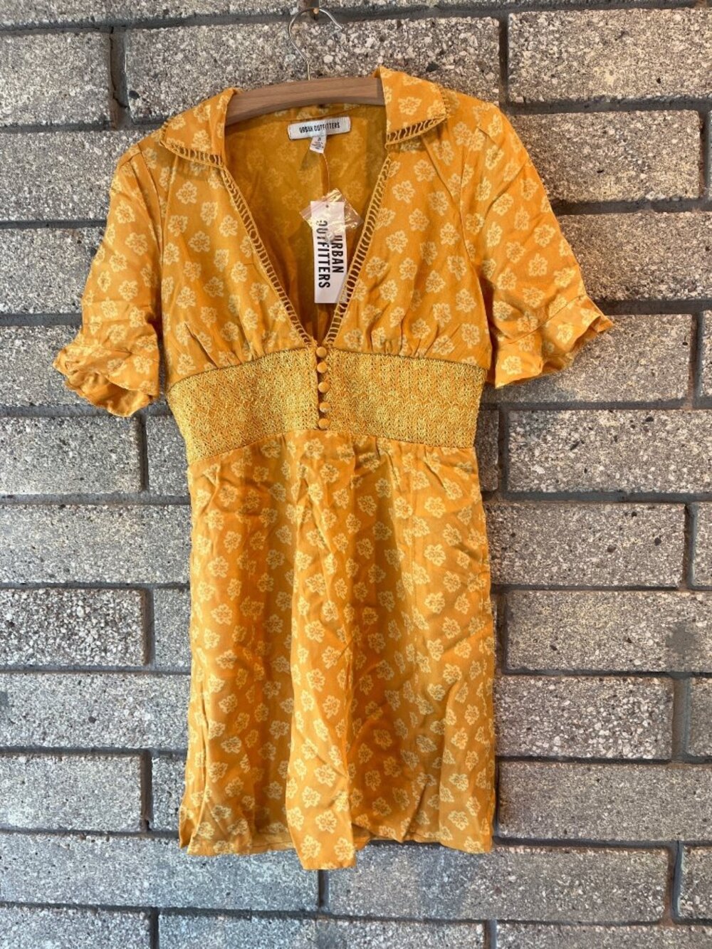 Urban Outfitters Yellow Floral Mini Dress With Smocked Waist & Button Detail Siz